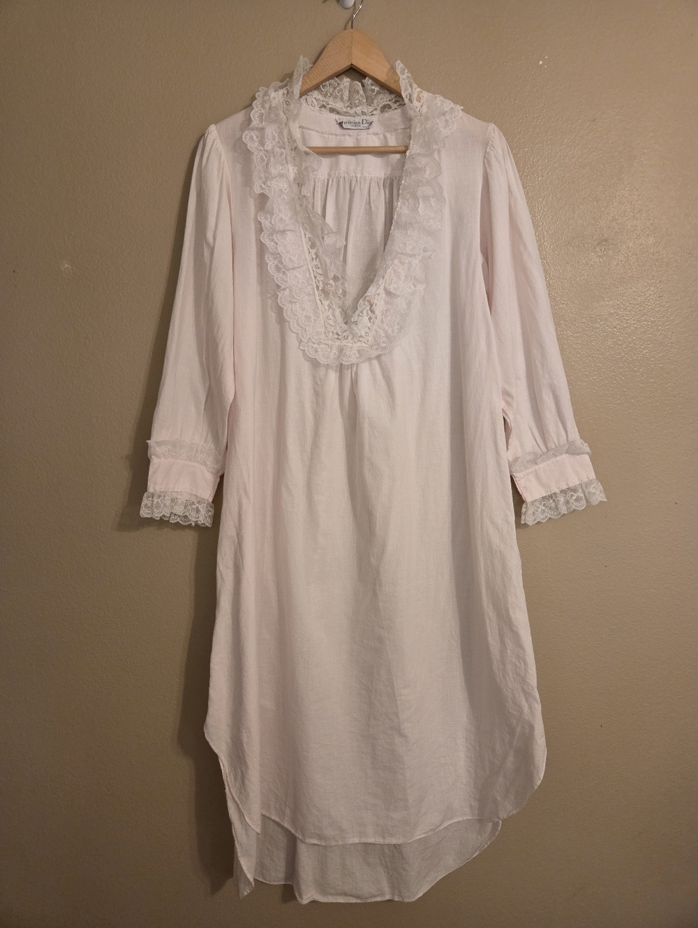 CHRISTIAN DIOR 80'S Vintage Light Pink Cotton Lacey Plunge Neck Maxi Nightgown L